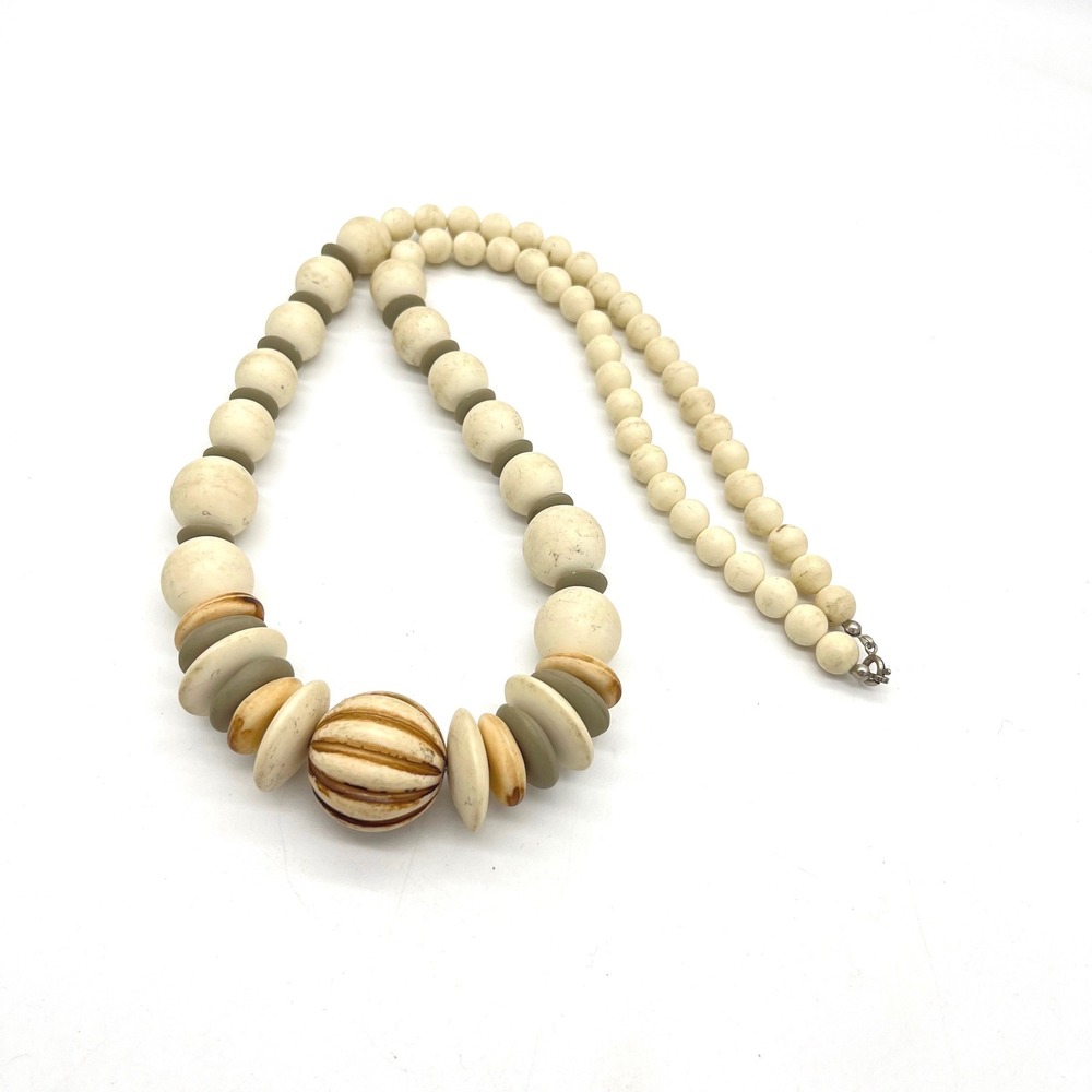 Vintage Cream Graduated Bead Necklace Earthy Olive Spacers Textured Melon Bead